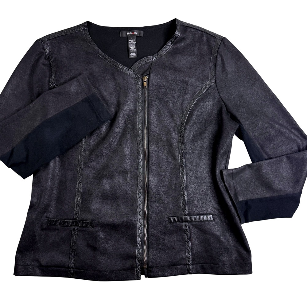 Style & Co Womens Large Black Faux Leather Zip Front Collarless Jacket Quilted